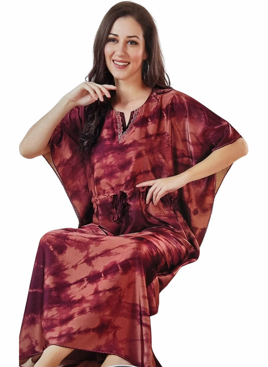 Kaftan Nighty Maroon Tie-dye Imported Satin Fabric