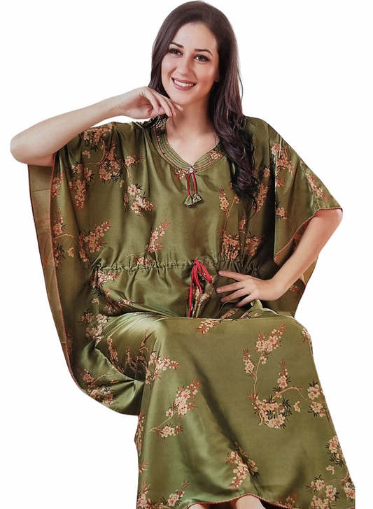 Kaftan Nighty Mehndi Green with Floral print Imported Satin Fabric