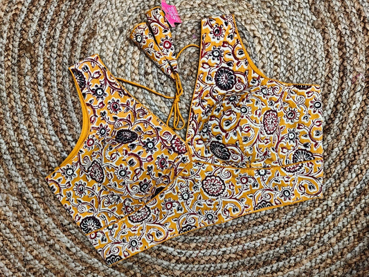Kalamkari Print Yellow Colour Pure Cotton all over detailed piping(Ready Size-40 inch)