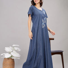 Denim Blue Soft Cotton Nighty | Floral Embroidery, Full-Length Comfort