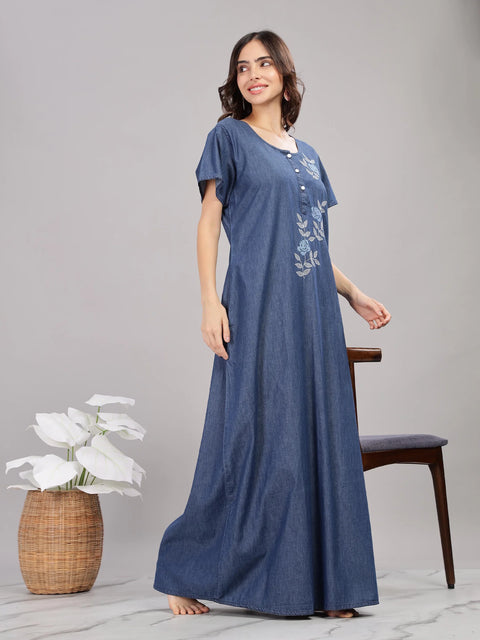 Denim Blue Soft Cotton Nighty | Floral Embroidery, Full-Length Comfort