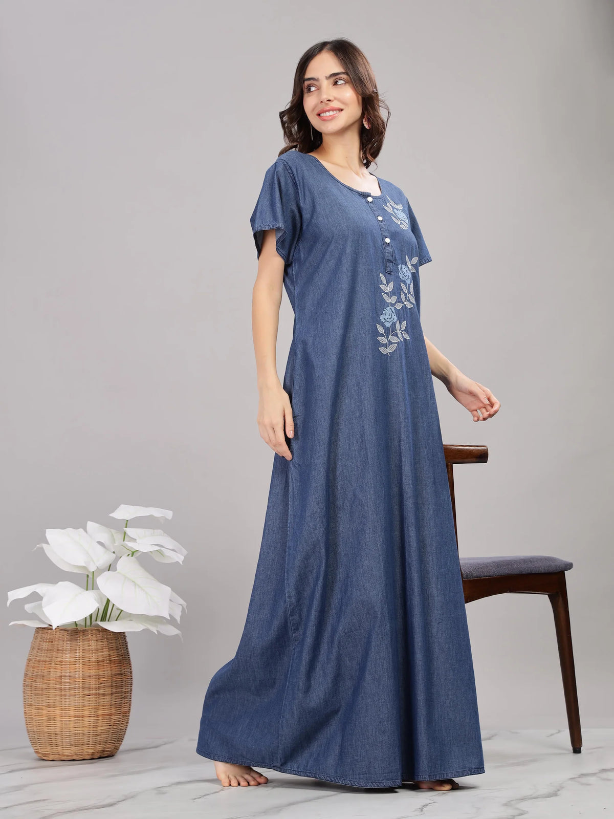 Denim Blue Soft Cotton Nighty | Floral Embroidery, Full-Length Comfort