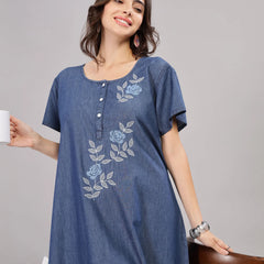 Denim Blue Soft Cotton Nighty | Floral Embroidery, Full-Length Comfort