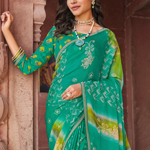 Green Chiffon Saree with Floral Print & Elegant Lace – Parampara