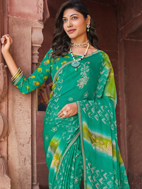 Green Chiffon Saree with Floral Print & Elegant Lace – Parampara
