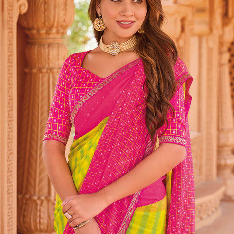 Laxmipati Madhubala Checkered & Striped Printed Chiffon Saree in Green Color with Unstitched Blouse