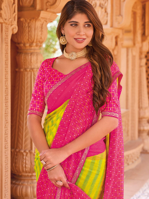Laxmipati Madhubala Checkered & Striped Printed Chiffon Saree in Green Color with Unstitched Blouse
