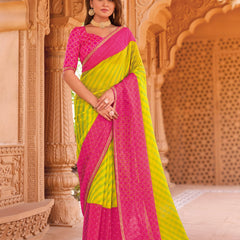 Laxmipati Madhubala Checkered & Striped Printed Chiffon Saree in Green Color with Unstitched Blouse
