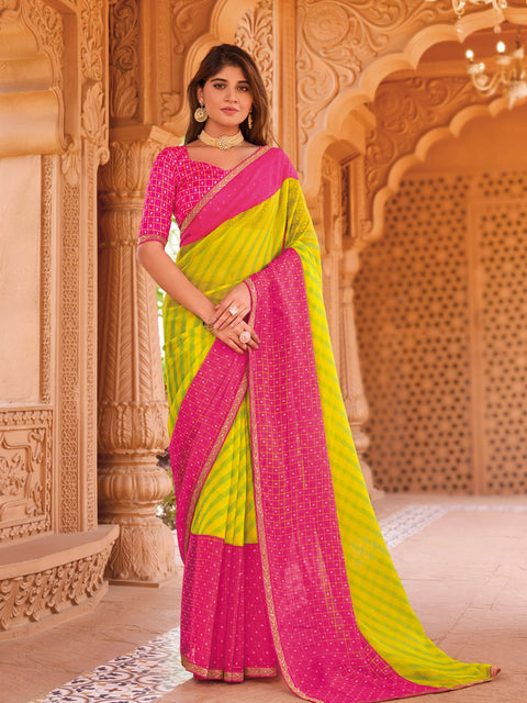 Laxmipati Madhubala Checkered & Striped Printed Chiffon Saree in Green Color with Unstitched Blouse