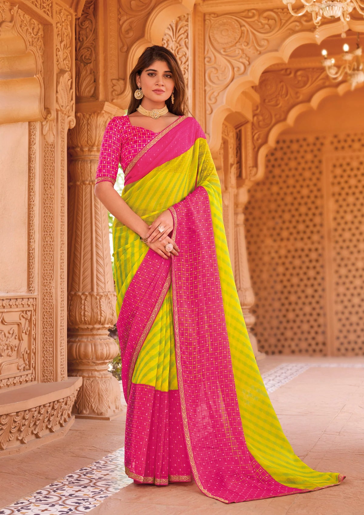Laxmipati Madhubala Checkered & Striped Printed Chiffon Saree in Green Color with Unstitched Blouse