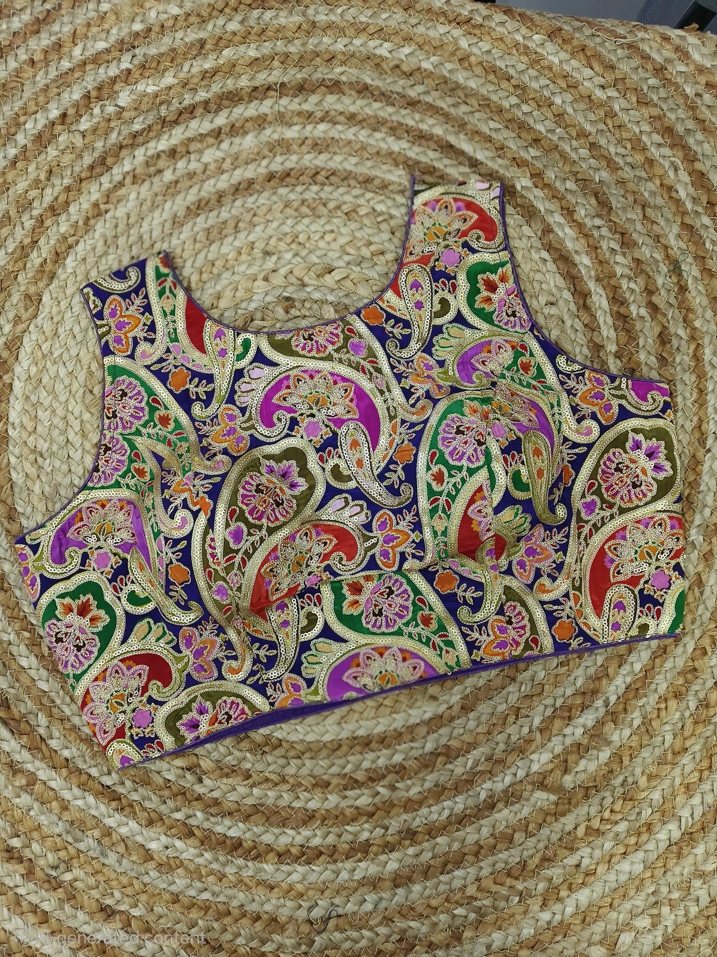 Boat Neck multicolor Golden Threadwork Readymade Blouse