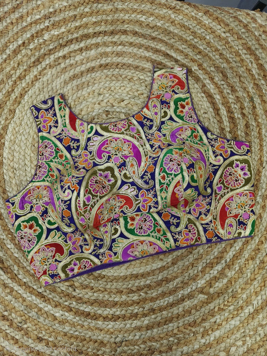 Boat Neck multicolor Golden Threadwork Readymade Blouse