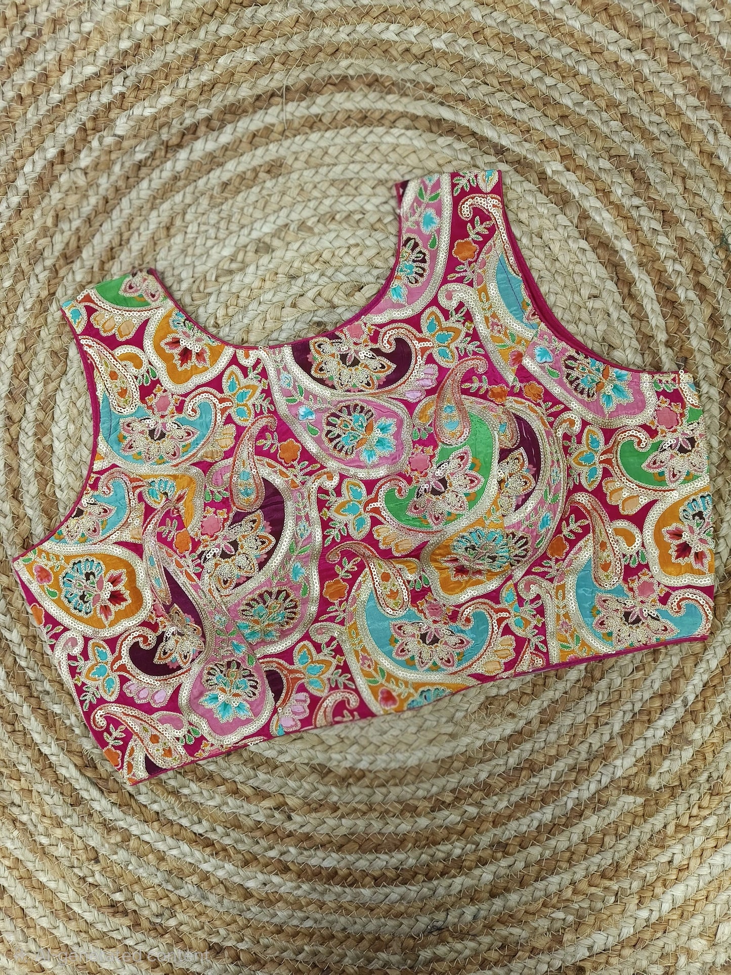 Boat Neck multicolor Golden Threadwork Readymade Blouse