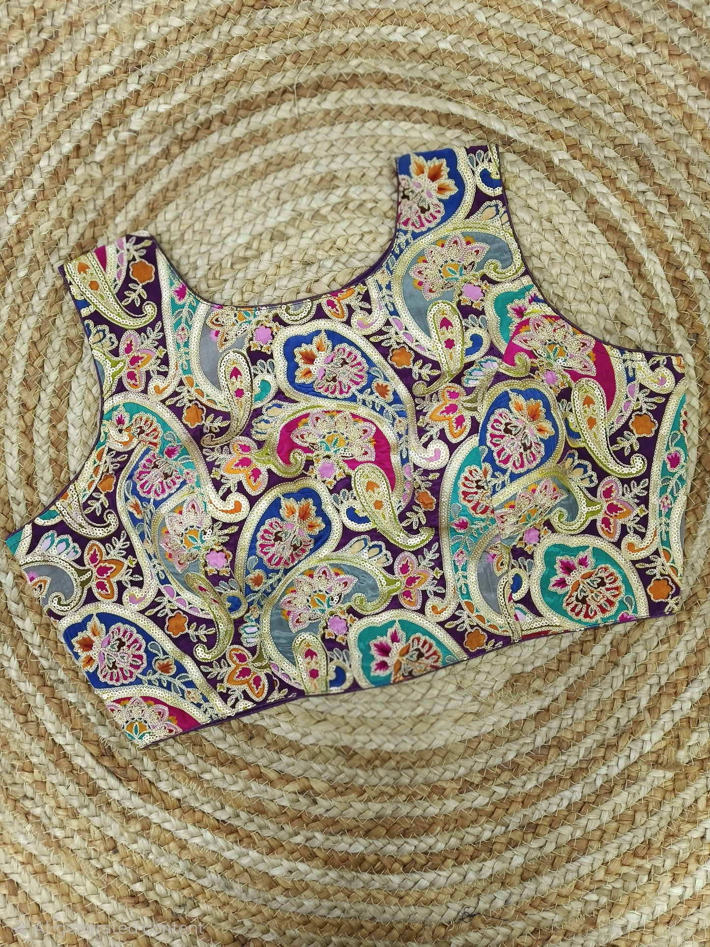 Boat Neck multicolor Golden Threadwork Readymade Blouse