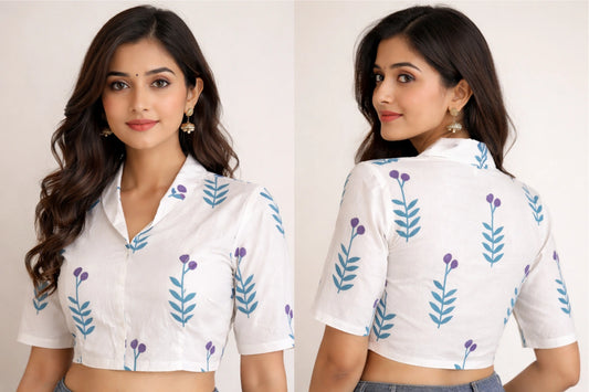 Cambric Cotton Collar Neck Elbow Sleeves Readymade Blouse Printed