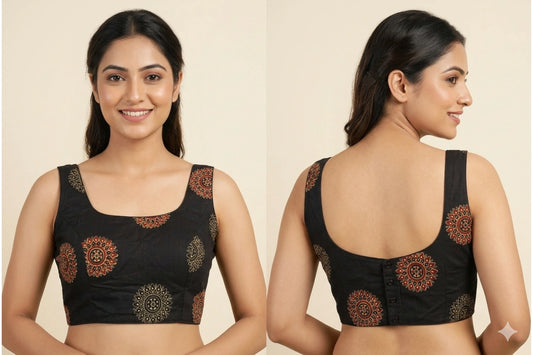 Black Printed Thin Strip Pure Cotton Readymade Blouse for Cotton Saree